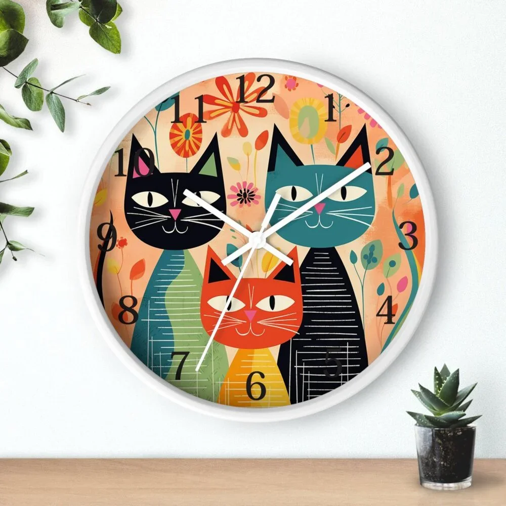 Retro Cat Clock, Vintage-Inspired Midcentury Feline Wall Clock